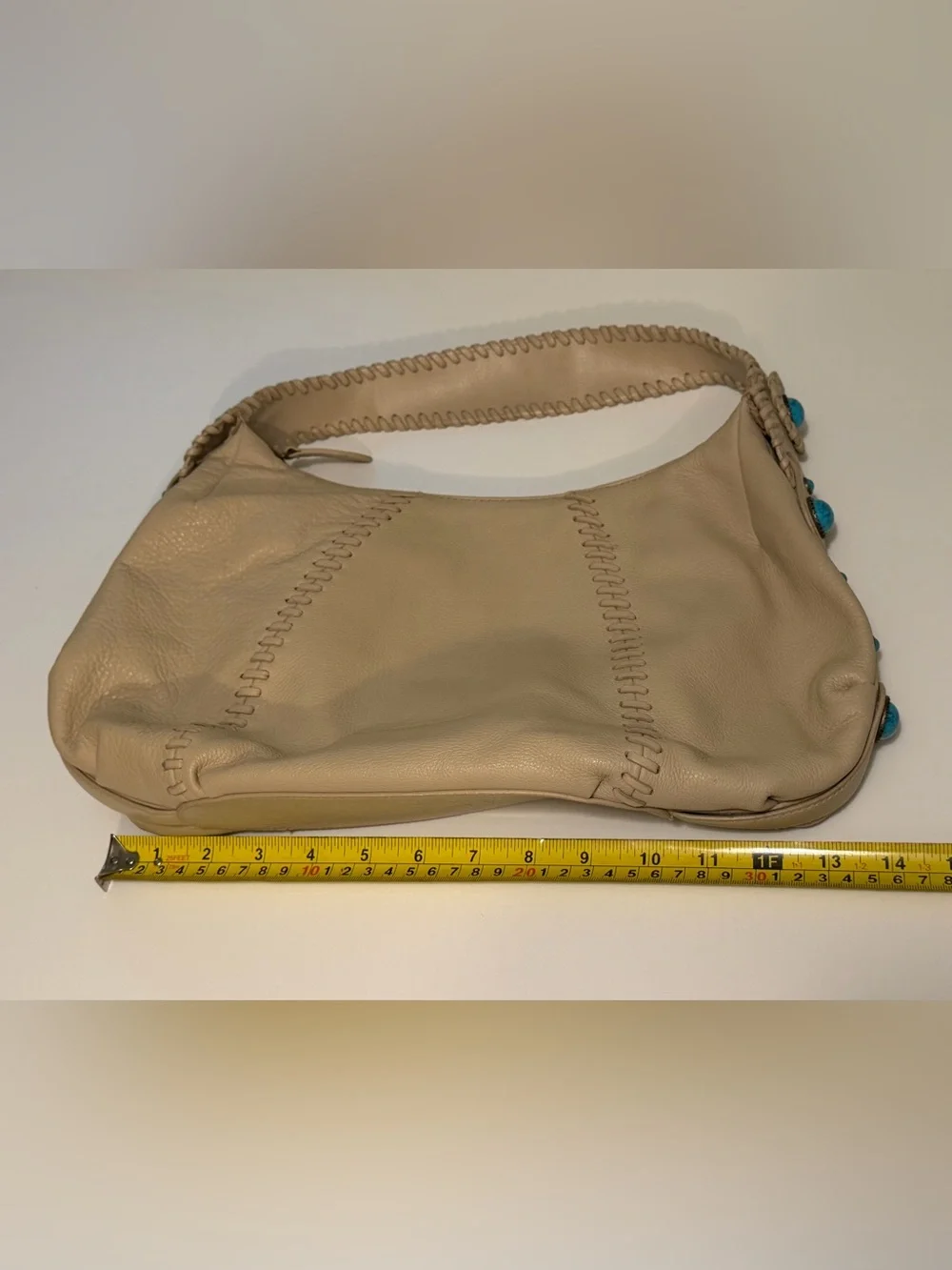 Franco Sarto Leather Hobo Shoulder Bag Beige Faux Turquoise Bead Accents REFURB